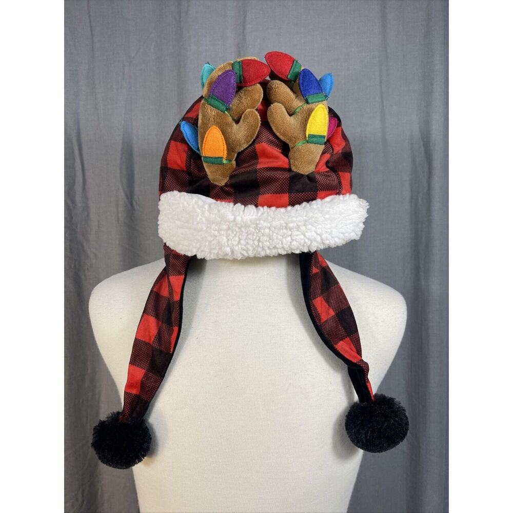 Holiday Time Plush Red Plaid Reindeer Hat PomPom Lumberjack Fun OS Christmas
